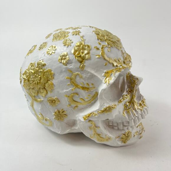 White & Gold 6" Decorative Skull Floral Scrollwork Halloween Apothecary Holiday - Picture 2 of 10